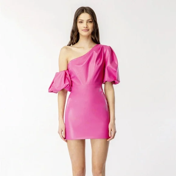NWT Bardot Mariella One-Shoulder Puff Sleeve Faux Leather Minidress - Picture 2 of 7